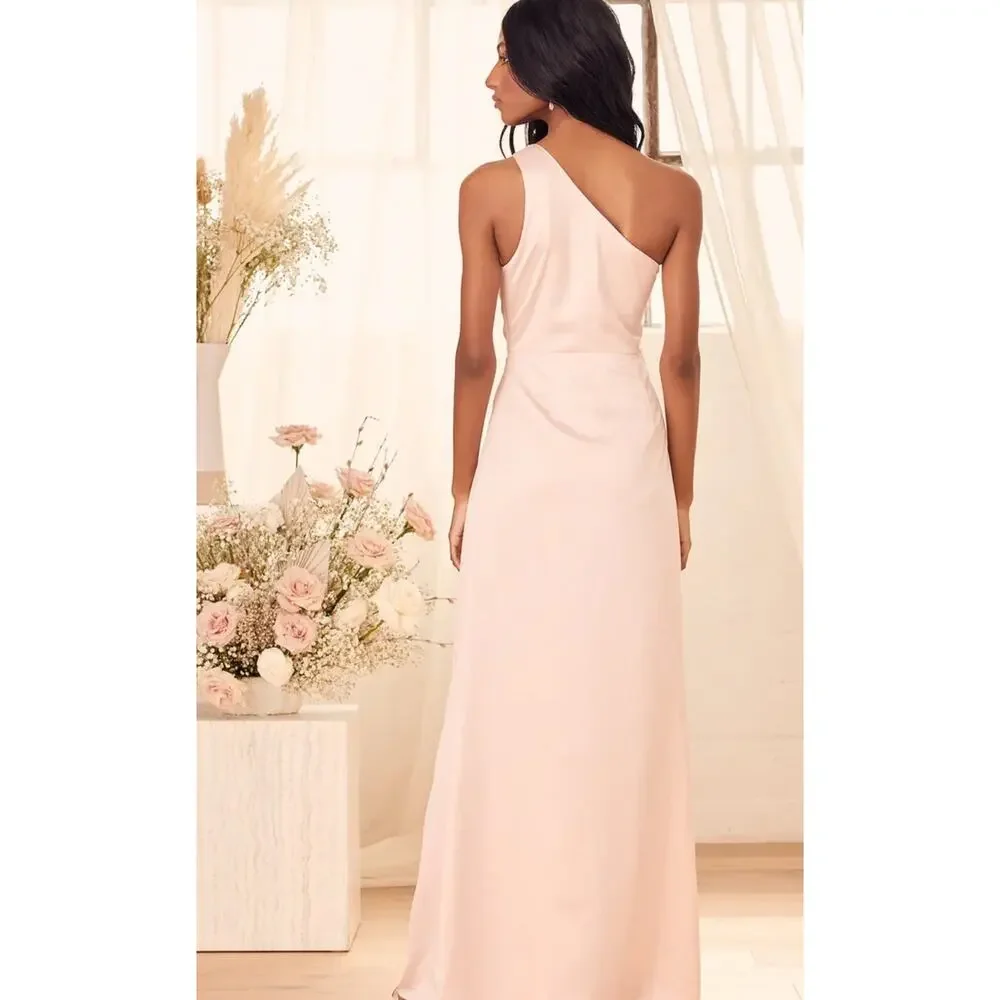NEW Lulus Dreaming of Elegance Pink Satin One-Shoulder Maxi‎ Dress - Size M - Picture 4 of 16